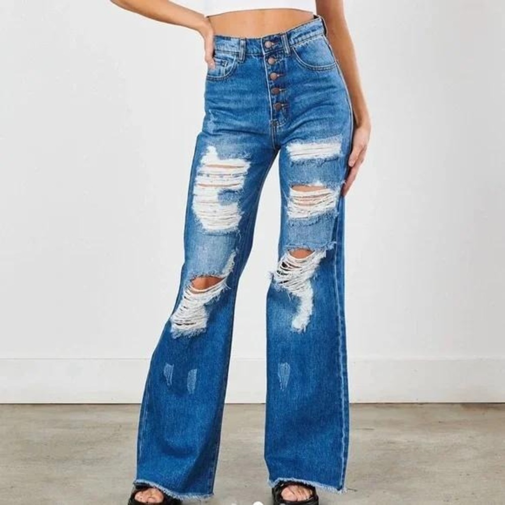 Vibrant M.I.U. High Rise Wide Leg Distressed Jeans Blue Juniors Sz 7 boho Grunge